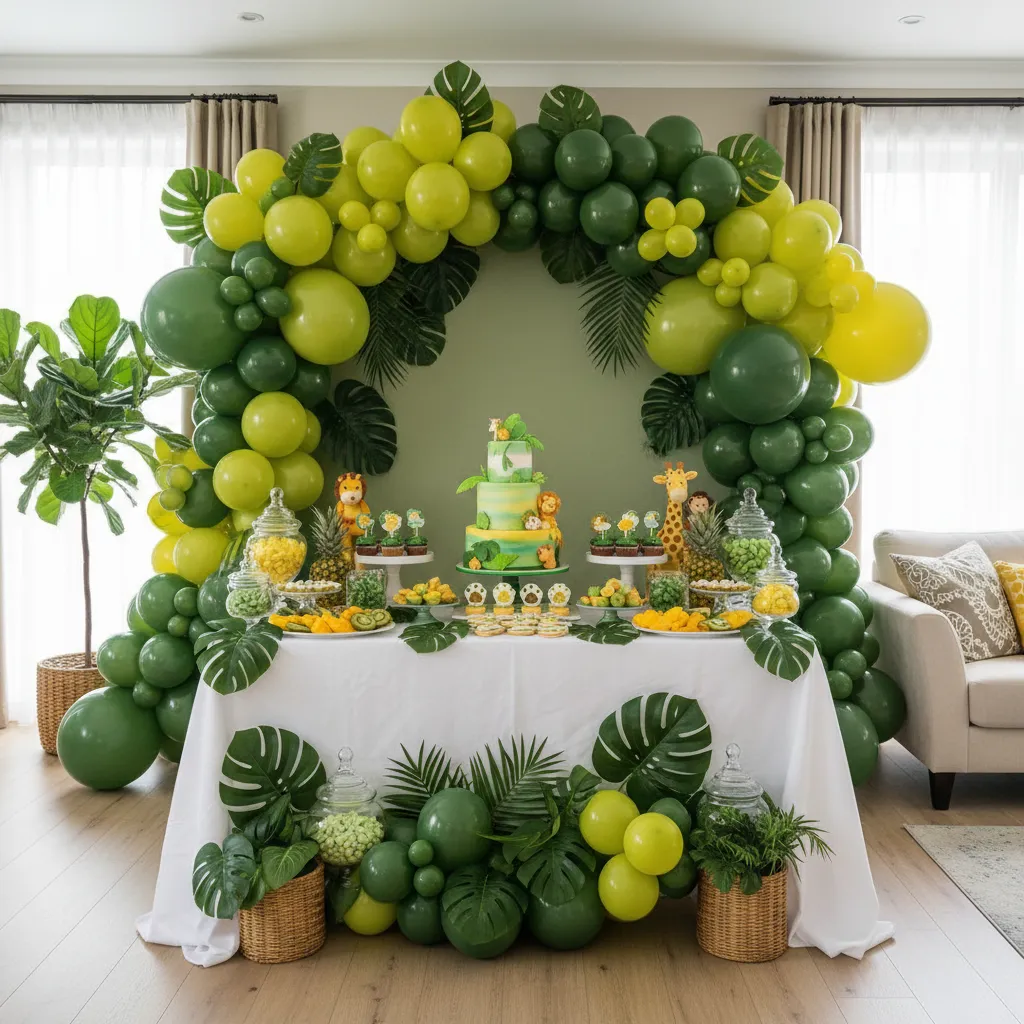 Decoración temática infantil con globos y mesa de dulces