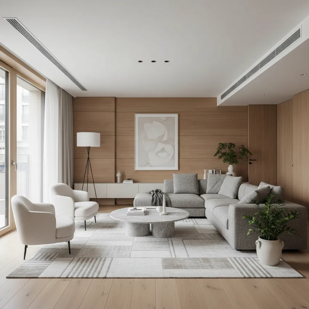 Sala de estar con climatización equilibrada y diseño interior confortable