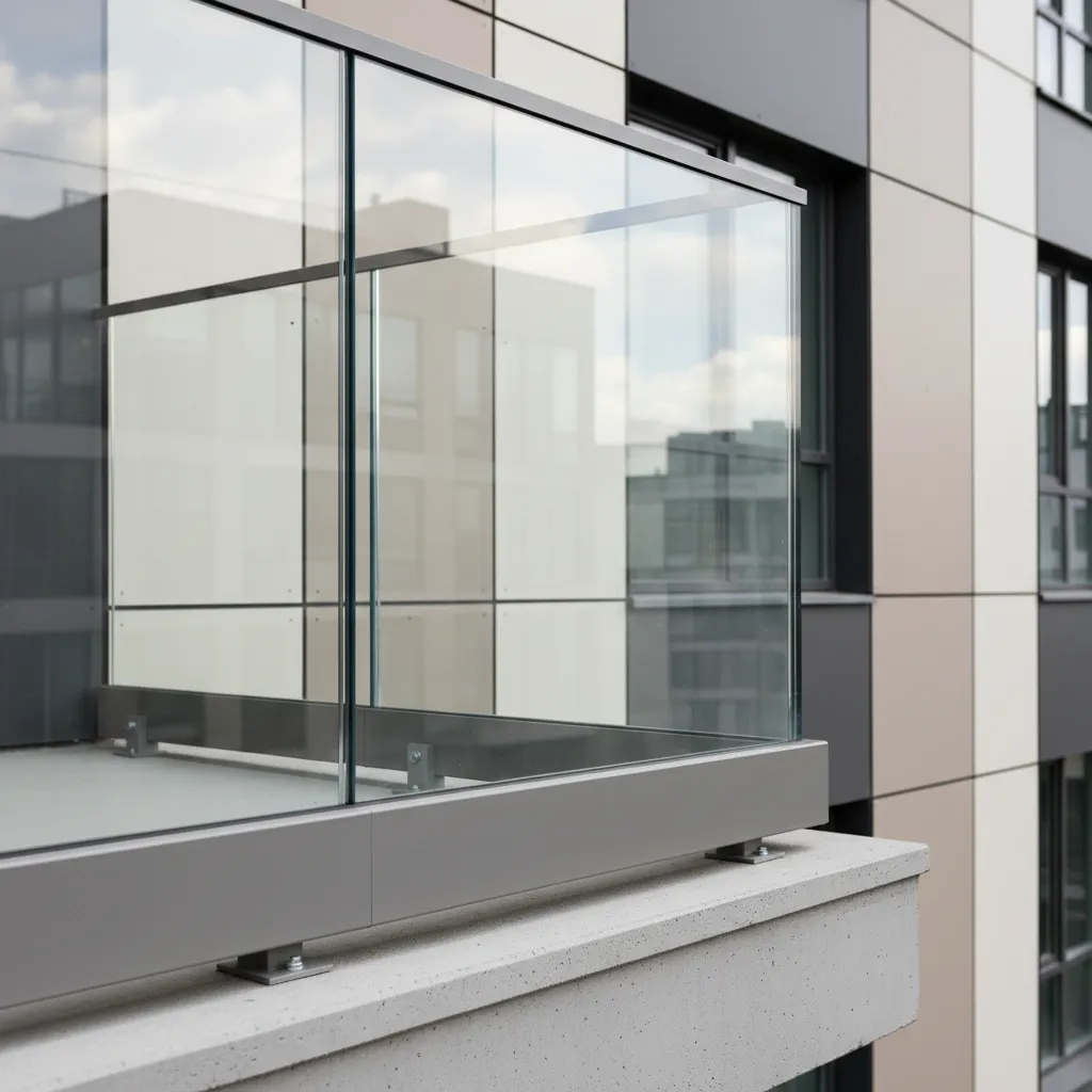 close view of tempered glass balcony railing system with metal base