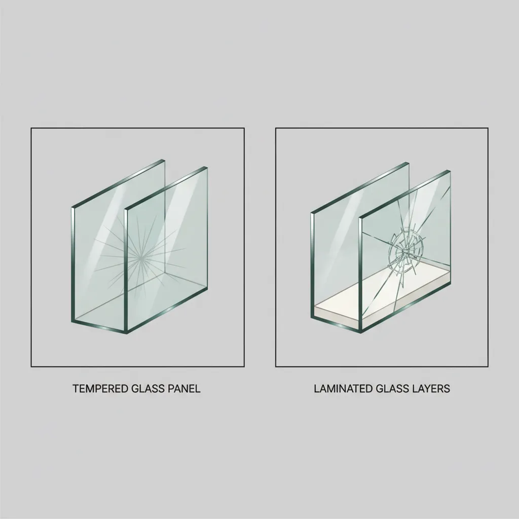 comparison of tempered glass and laminated glass structure used in bathroom doors