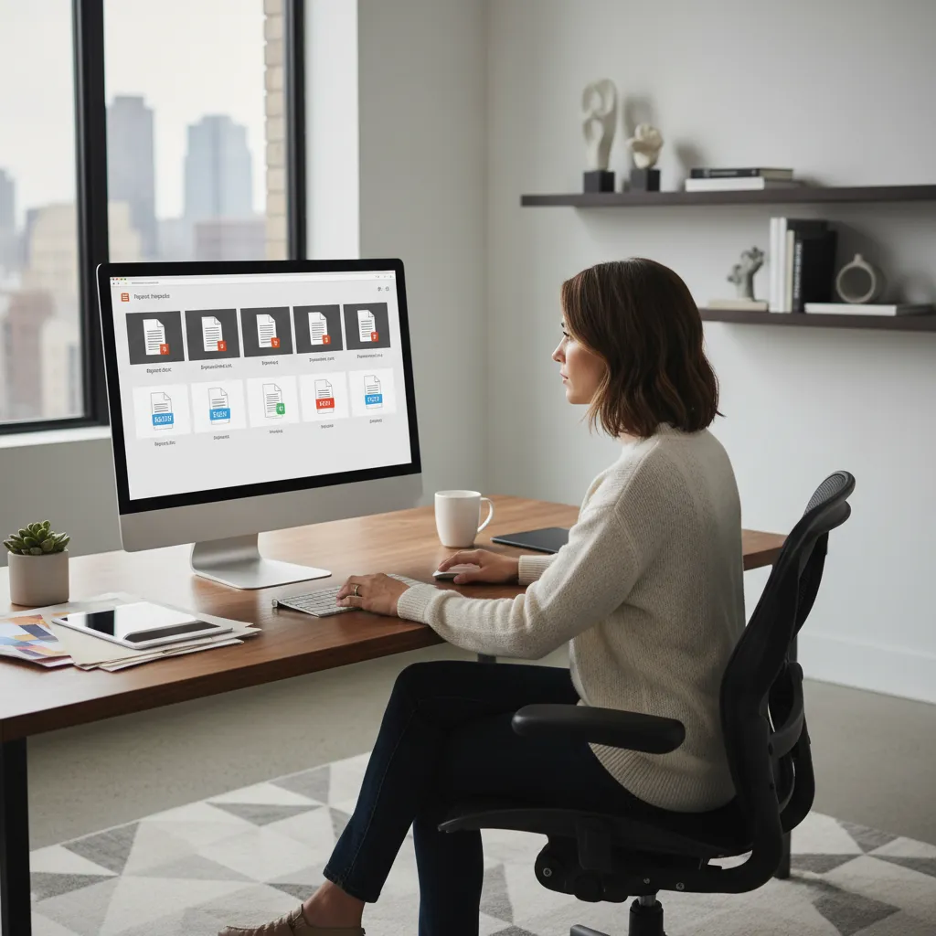 Designer reviewing template file formats and compatibility on computer screen