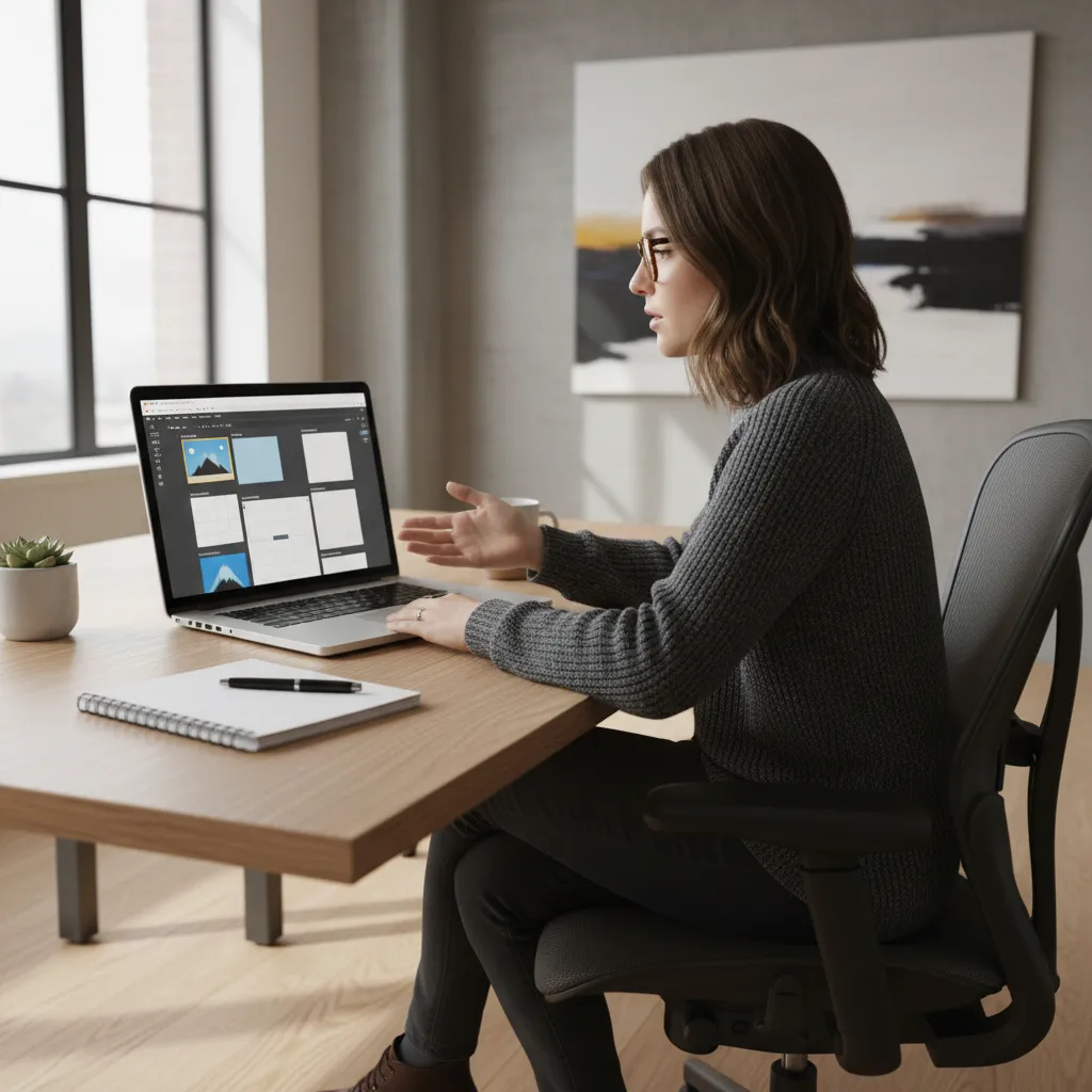 Designer editing a digital template layout on a laptop in a clean workspace
