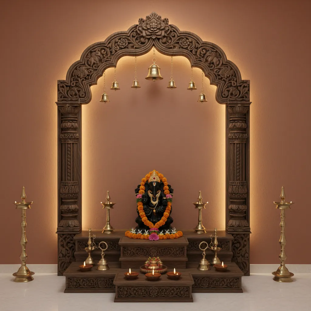 wooden temple arch carving framing a pooja altar