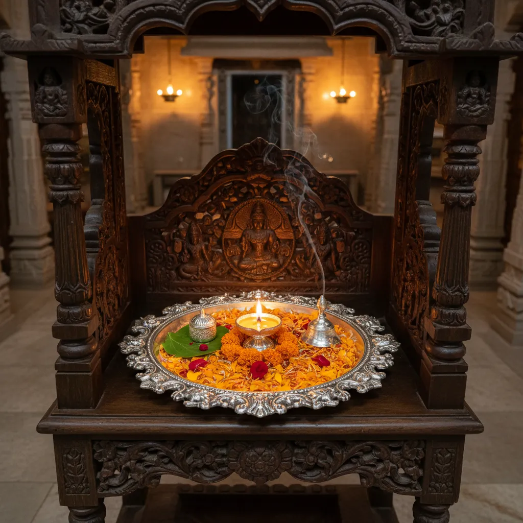 Traditional temple edge silver pooja thali with decorative rim