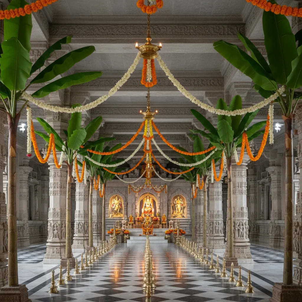 Temple interior decorated with artificial banana plants and flowers
