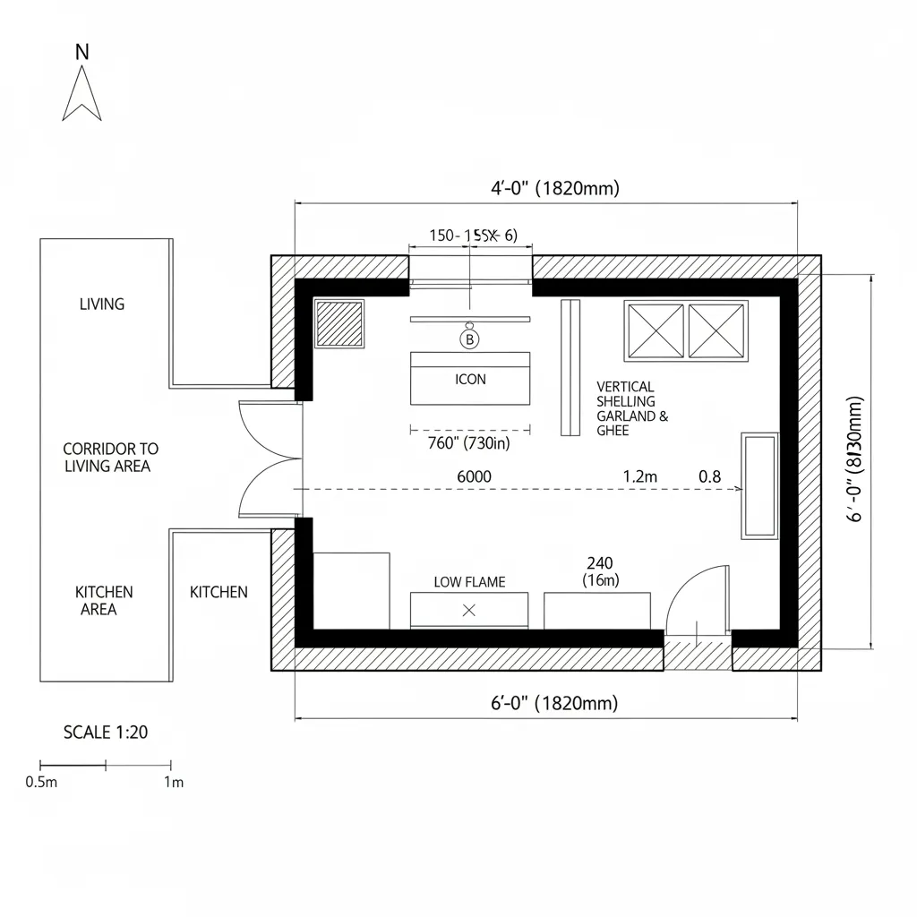 Top-down CAD plan of a 4×6 ft temple roomlet with acoustic buffer and clear clockwise flow