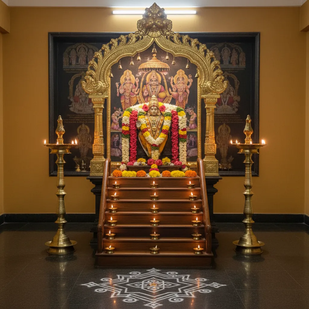 Temple style Ayyappa Padi Pooja decoration at home with symmetrical lamps