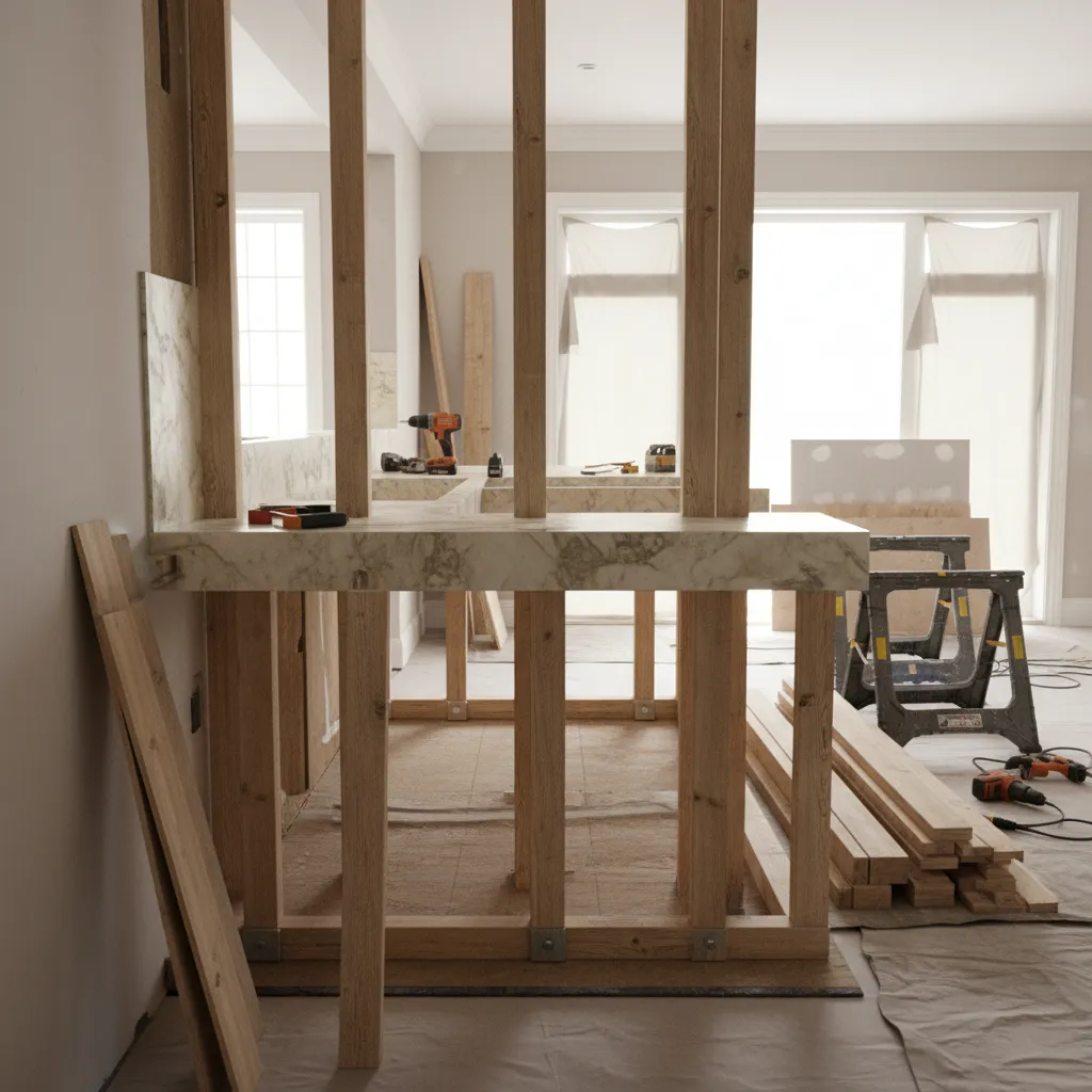 temporary wooden braces supporting kitchen countertop during cabinet removal