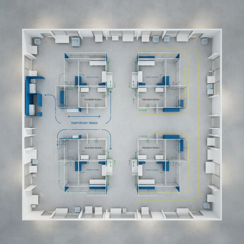 temporary emergency department patient flow layout with triage and treatment zones