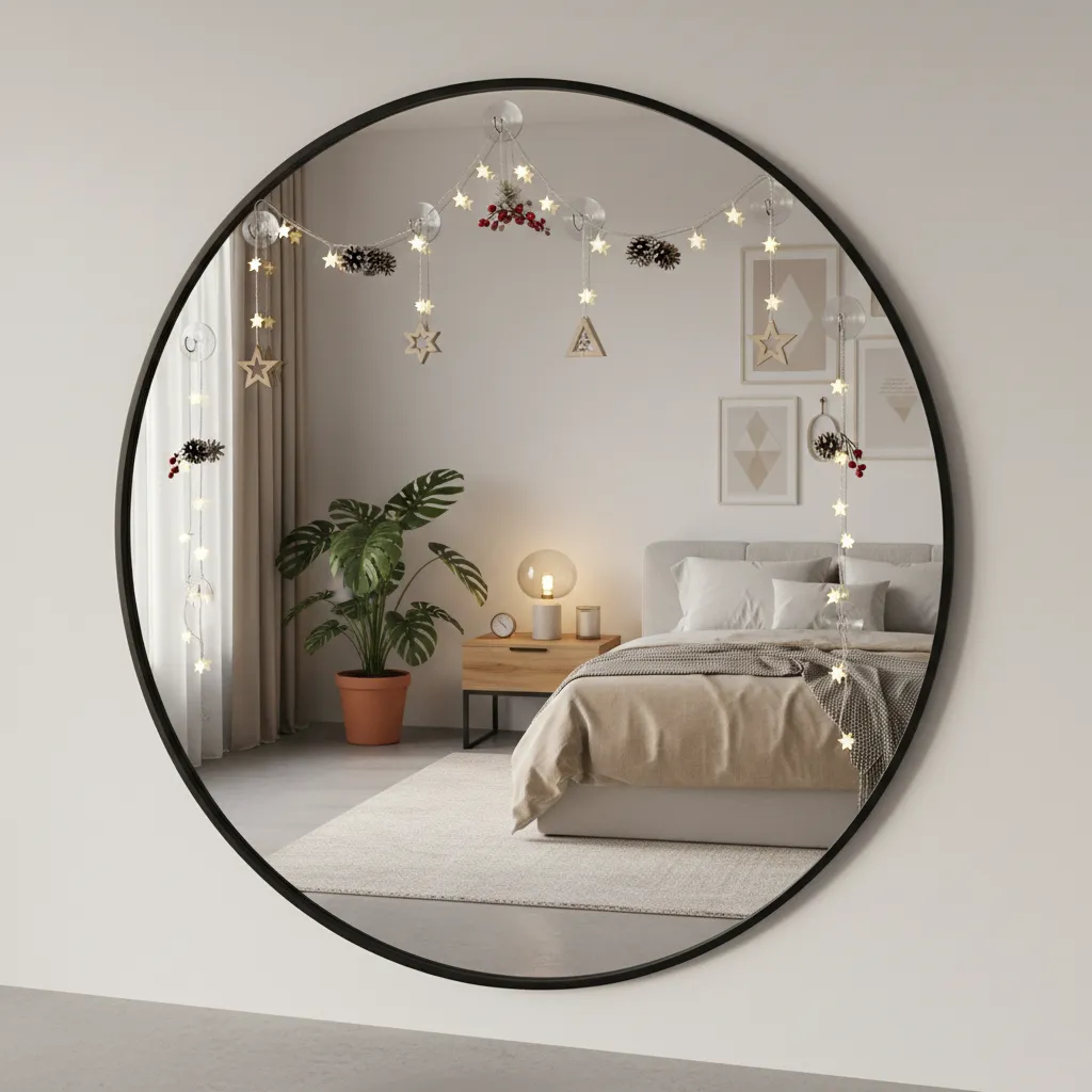 mirror decorated with suction hooks string lights and removable decorations