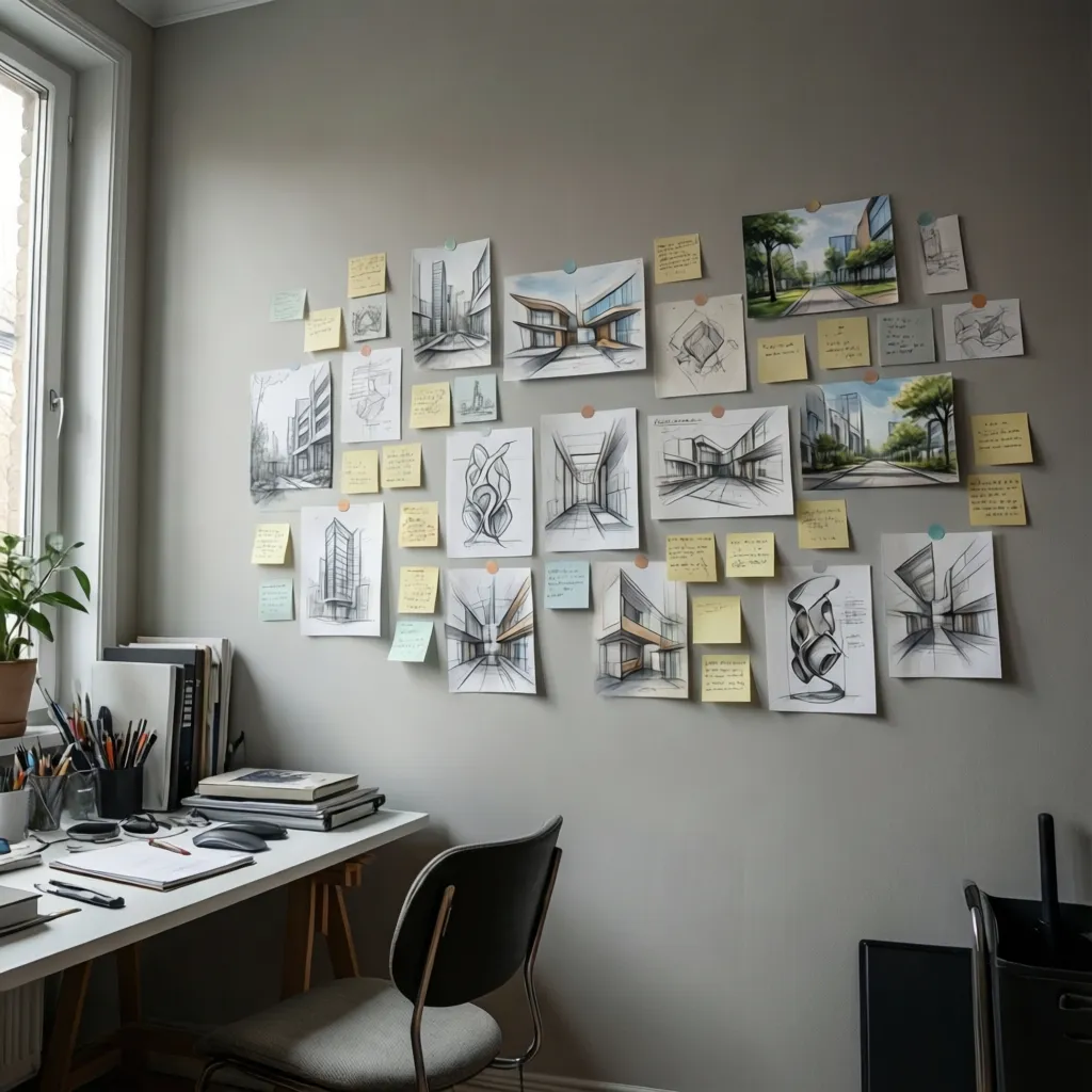 temporary wall display with notes and sketches attached using removable adhesives