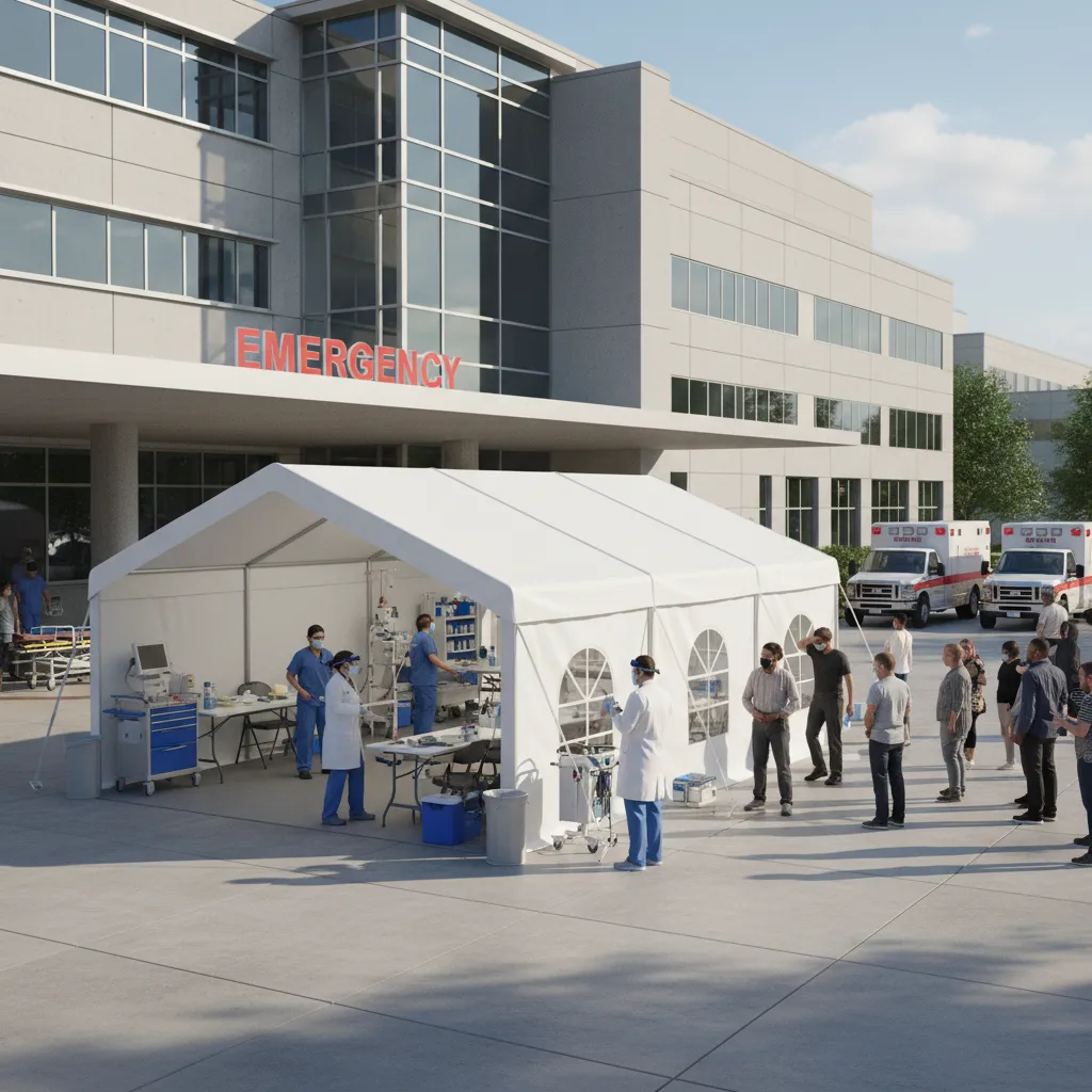 temporary triage tent outside hospital emergency entrance