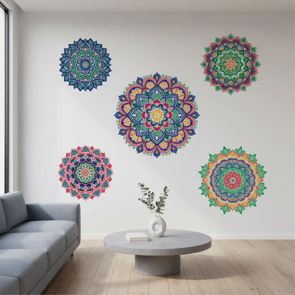Removable rangoli decals applied to a smooth wall for temporary festival decoration