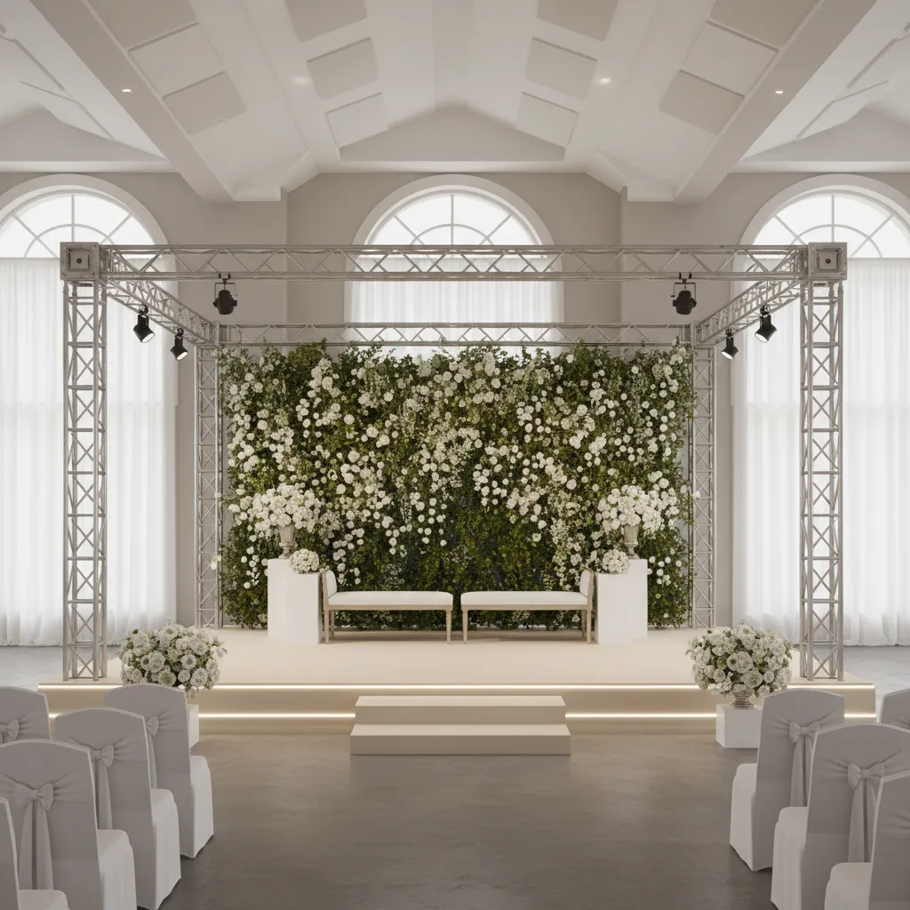 temporary wedding stage with metal truss structure and decorative backdrop