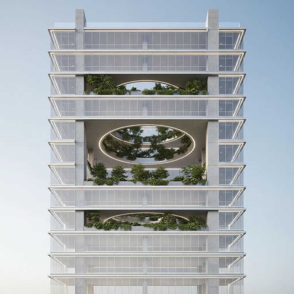 Modern tall building design with glass walls and multiple floors featuring green plants and trees