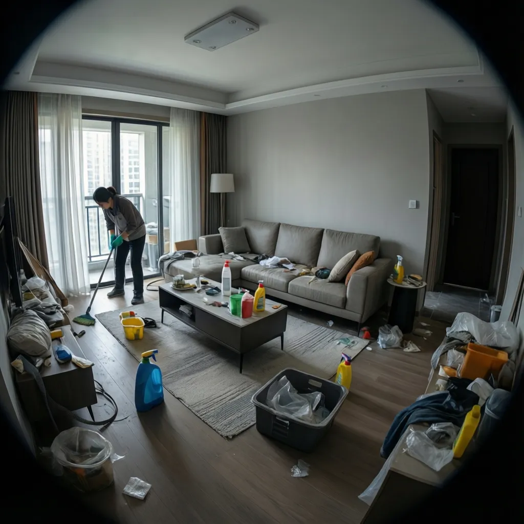 Tenant cleaning apartment living room before final move out inspection