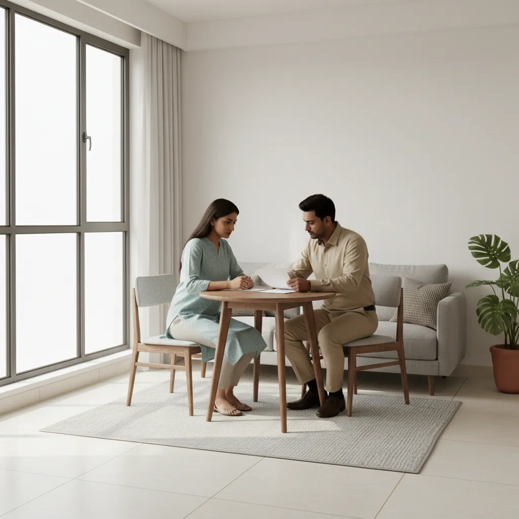 Tenant discussing rental agreement with landlord inside apartment
