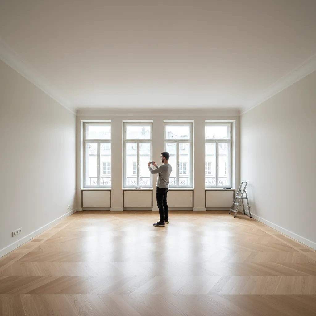 Tenant photographing empty apartment room to document condition before leaving