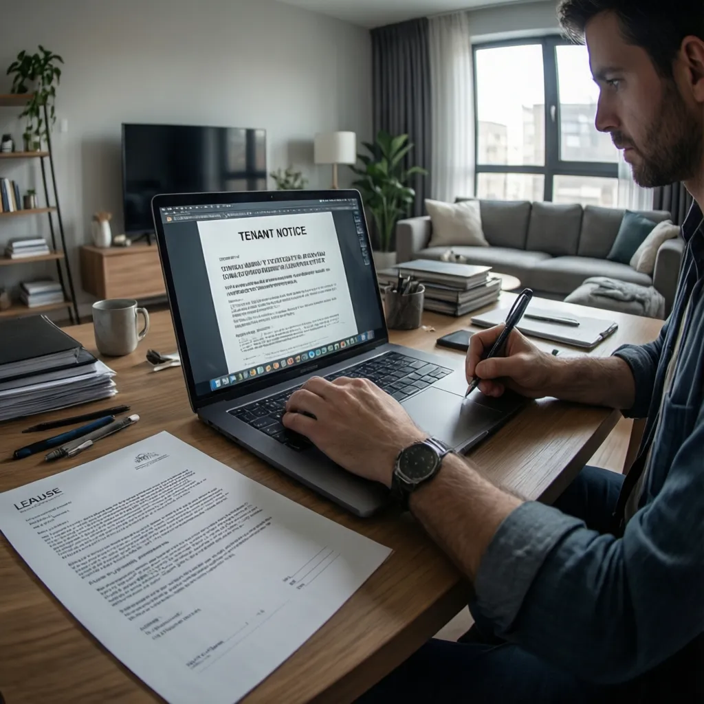 Tenant drafting a notice to vacate letter at a laptop with printed lease document