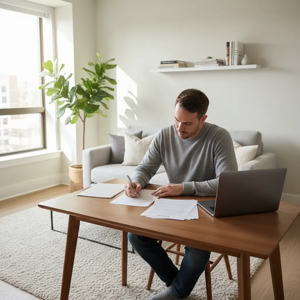 Tenant writing a notice to vacate letter at a desk with lease documents