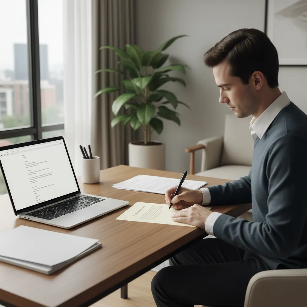 Tenant writing a notice to vacate letter at home desk