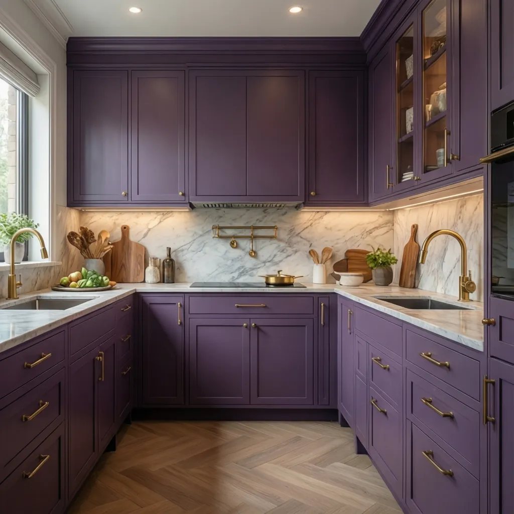 Cocina contemporánea con armarios morados mate y detalles en latón
