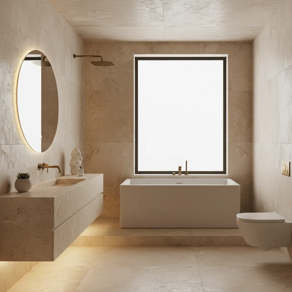Modern beige bathroom with round lighted mirror, stone cabinet, white bathtub, window, and wall toilet