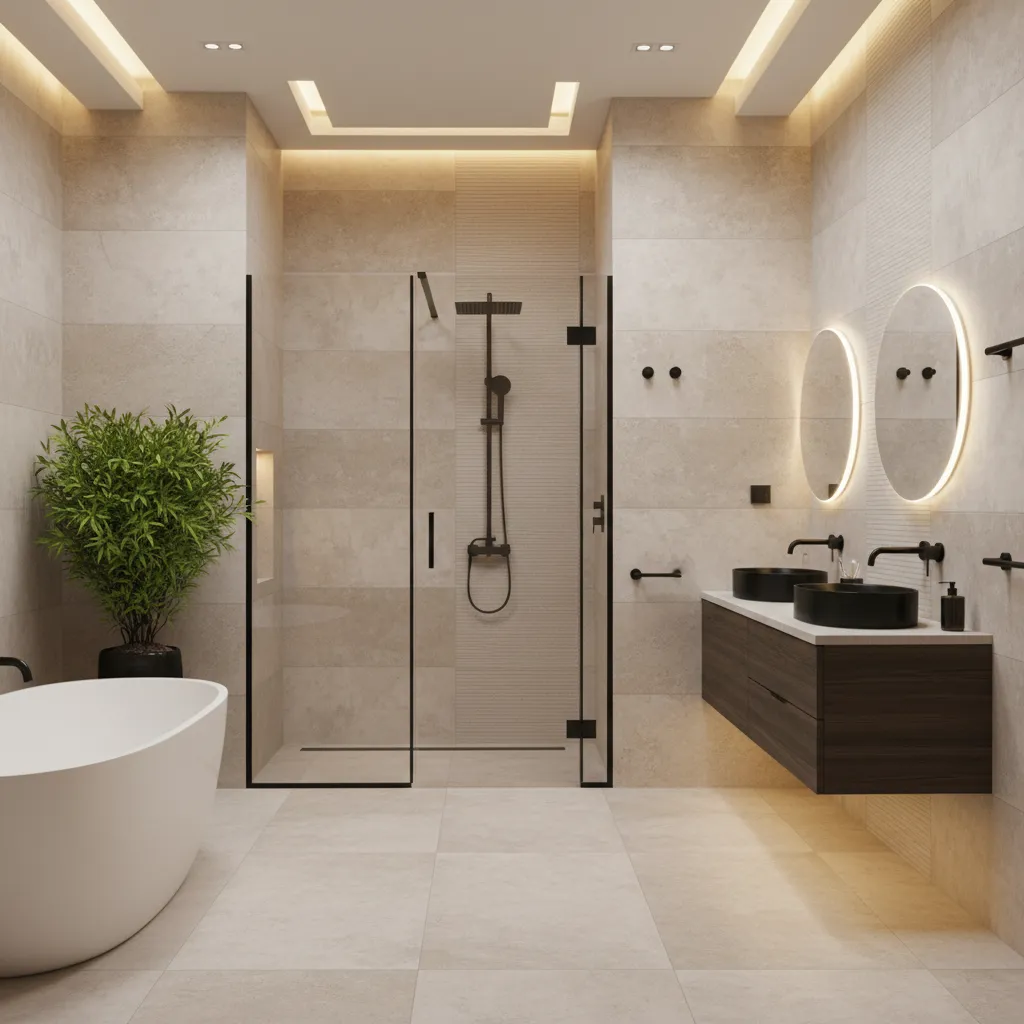 Baño contemporáneo con ducha walk-in, iluminación indirecta y grifería negra