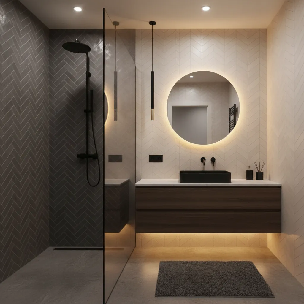 Modern bathroom with patterned wall tiles, round lighted mirror, dark wood cabinet, and black sink