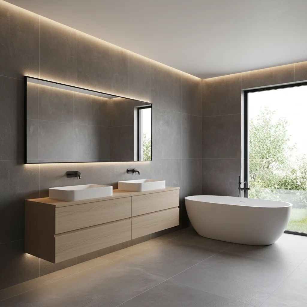 Modern bathroom featuring grey walls wooden floating cabinet white bathtub and large lighted rectangular mirror