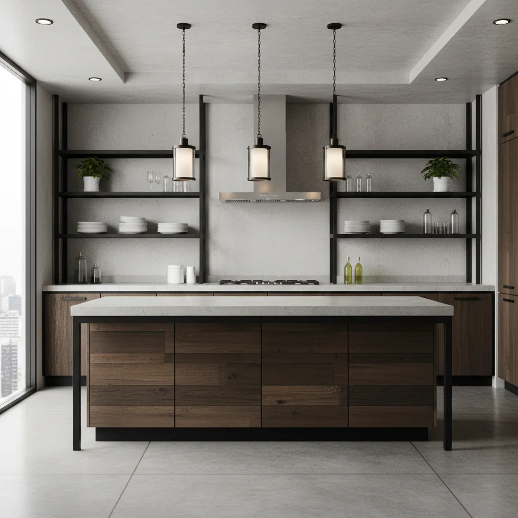 Cocina moderna con estilo industrial y mezcla de madera y metal negro