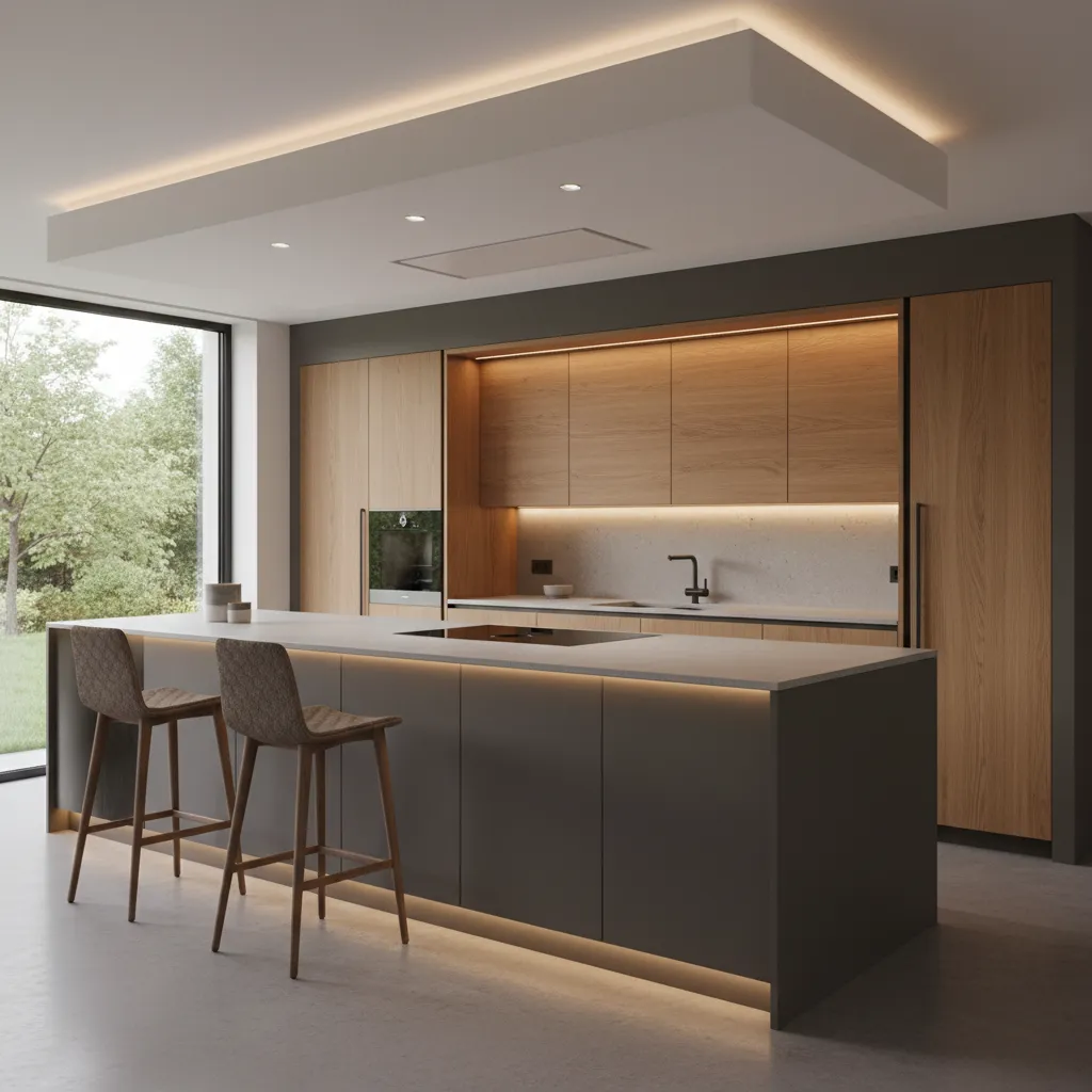 Cocina moderna con isla, iluminación indirecta y diseño minimalista