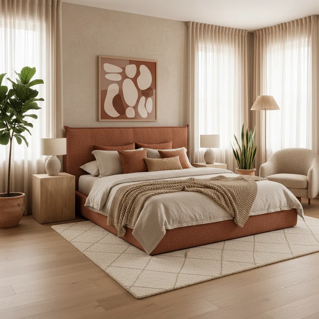 Dormitorio moderno con tonos terracota y beige