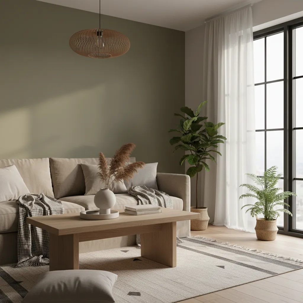 Salón con paredes verde oliva y muebles en tonos neutros