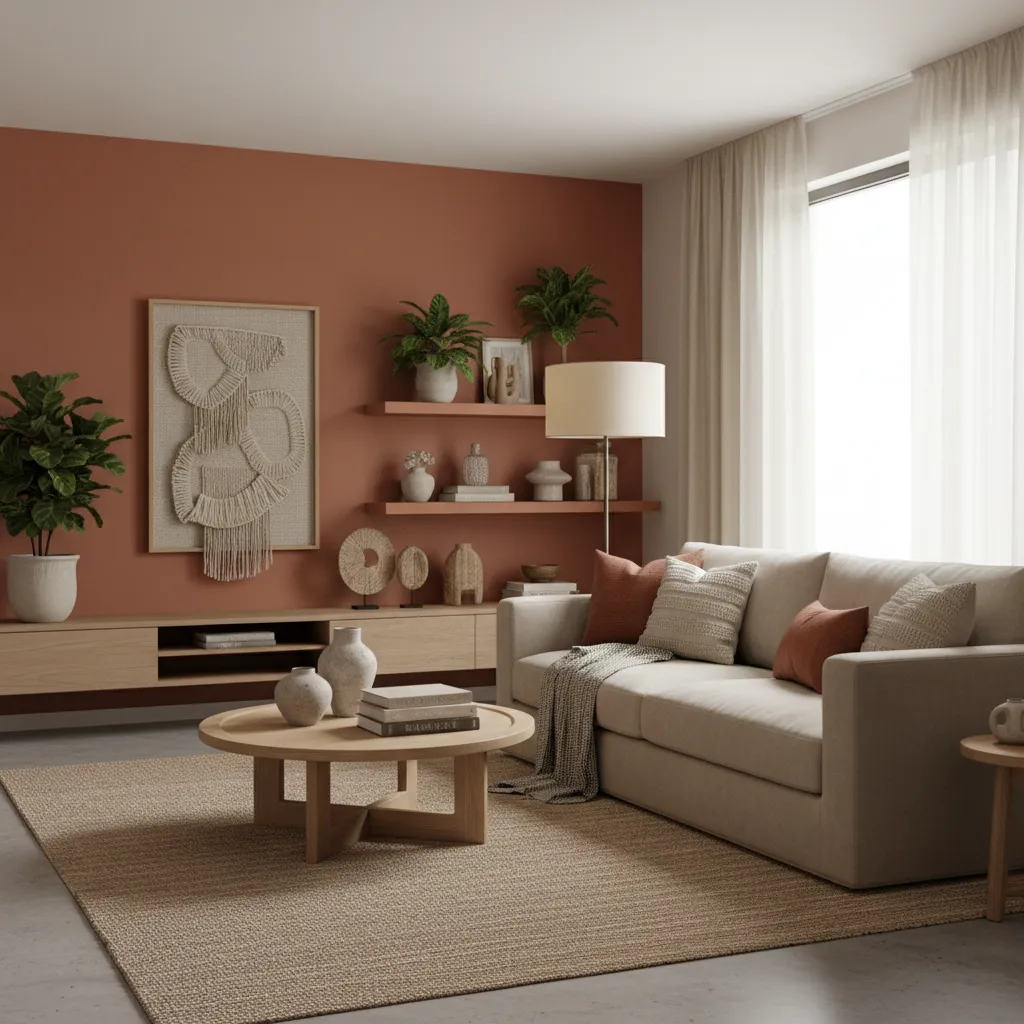 Living room with orange wall, beige sofa, wooden coffee table, and shelves with small decorations