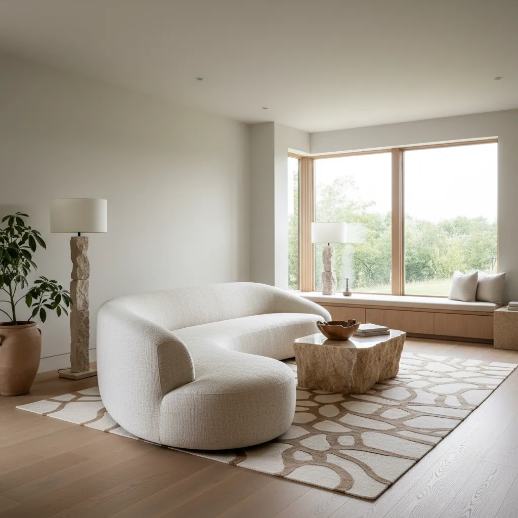 interior contemporáneo con materiales naturales y formas curvas