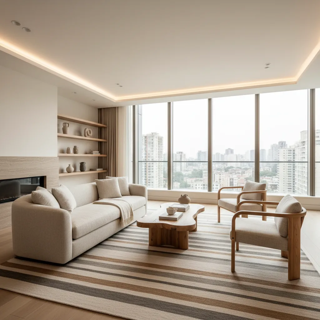 Bright living room with cream sofa wooden chairs striped rug city view through large windows