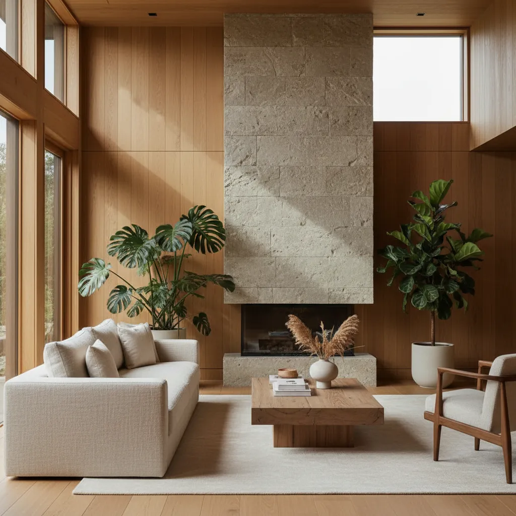 Interior con materiales naturales y decoración moderna