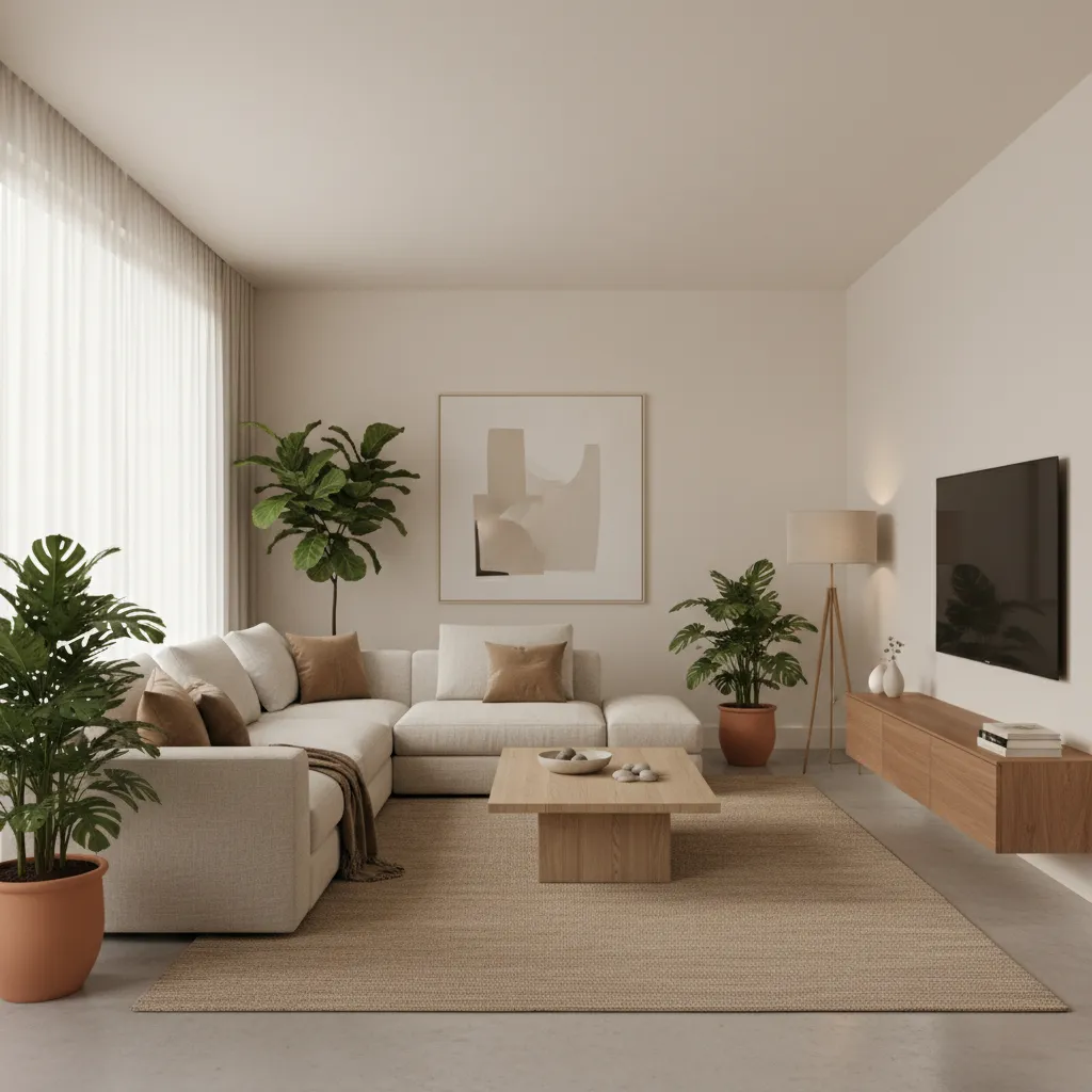 Modern living room featuring large beige sofa wooden coffee table floor lamp and floating cabinet