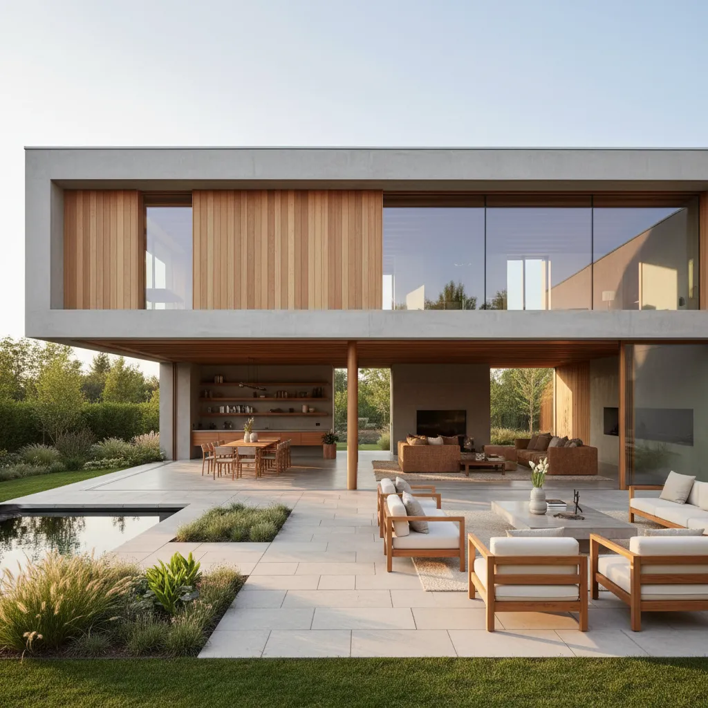 Casa moderna con grandes ventanales conectando el interior con el jardín