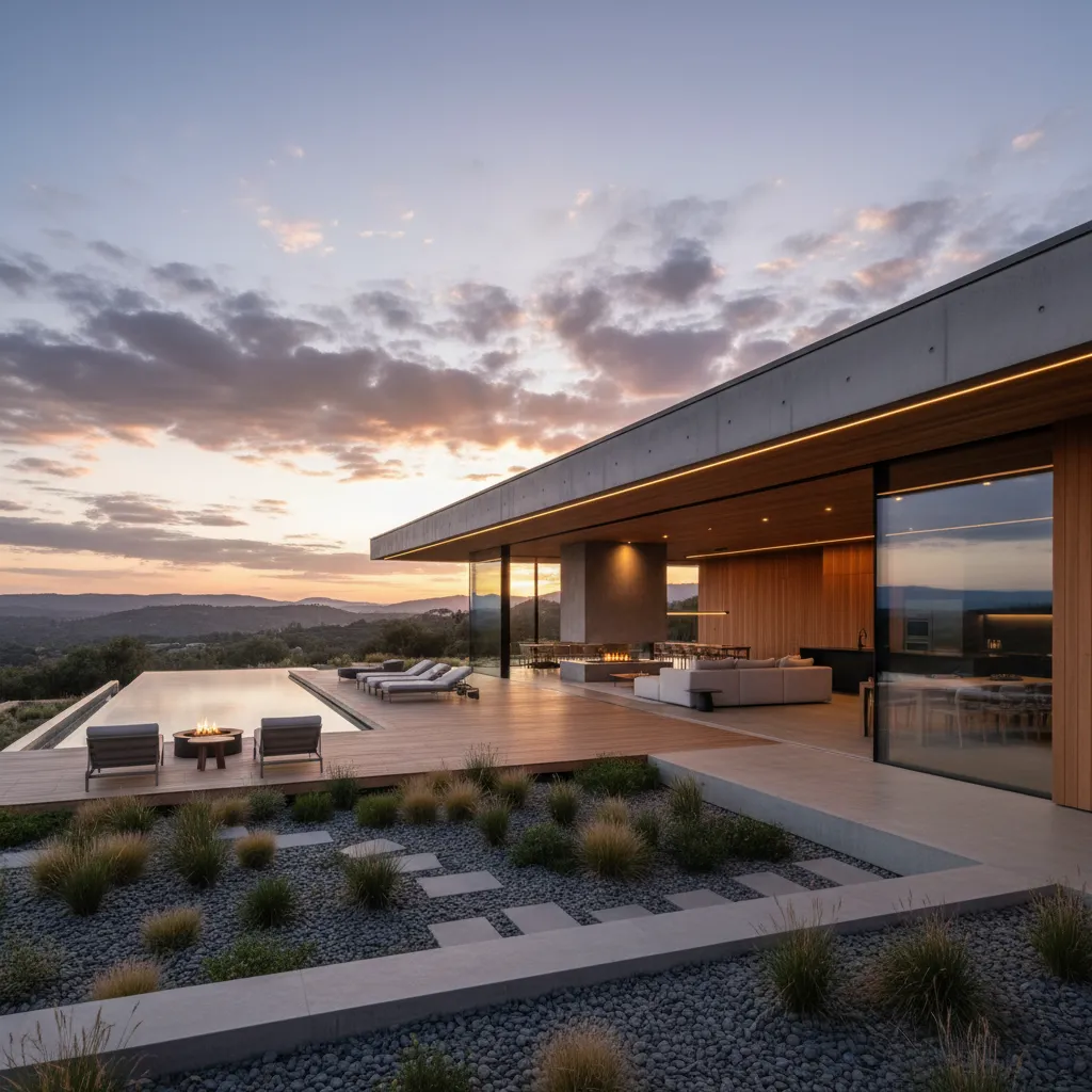 Casa moderna con grandes ventanales conectada al jardín