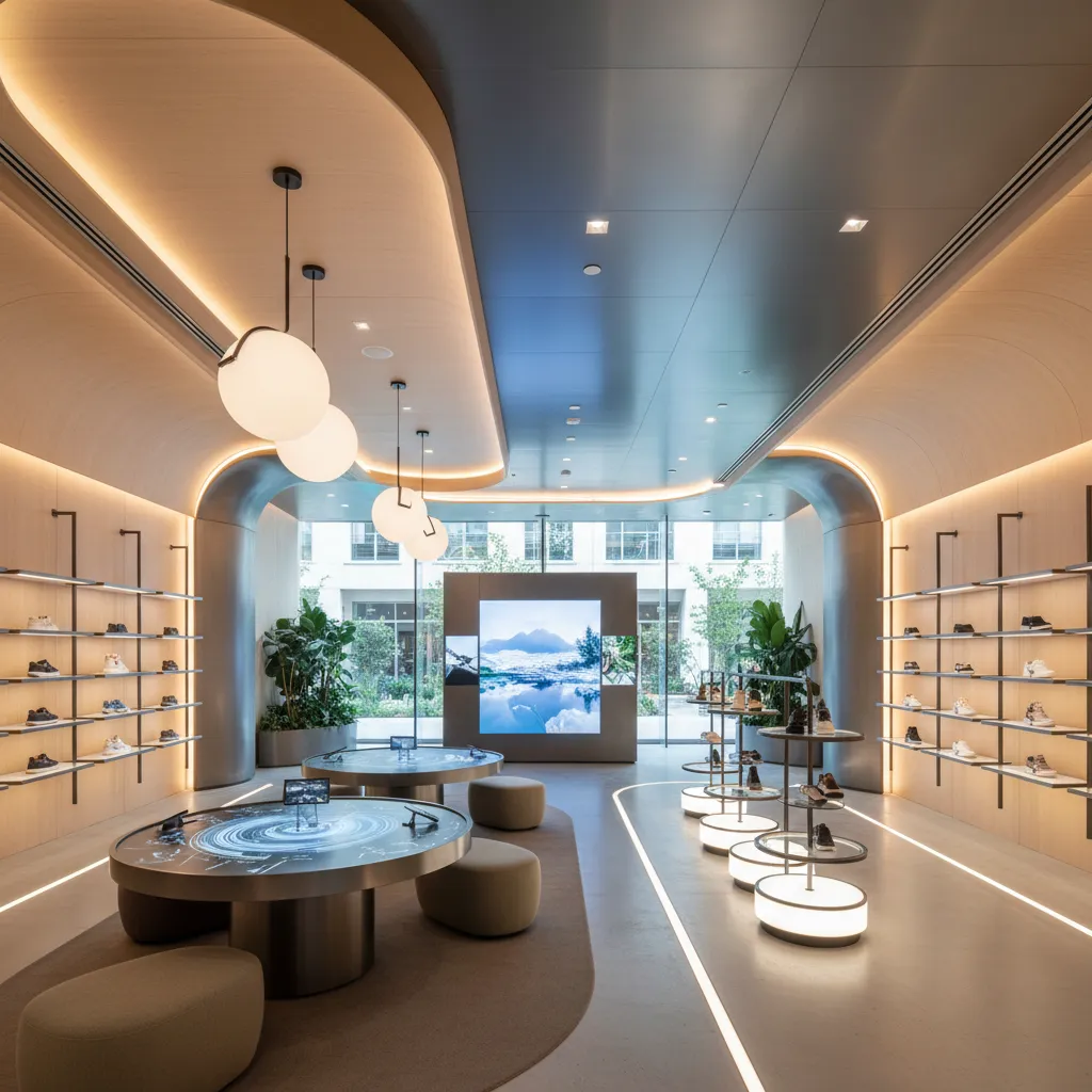 Espacio comercial moderno con diseño experiencial y zonas interactivas