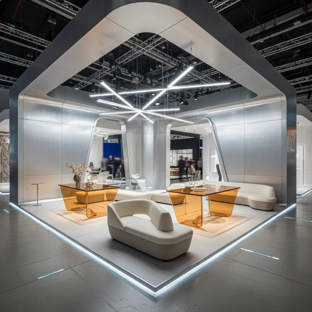Stand futurista mostrando nuevas tendencias de diseño interior