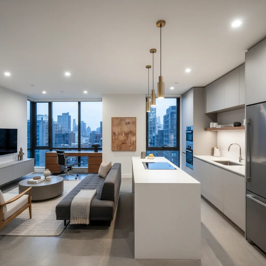 interior moderno con cocina abierta y zona de trabajo integrada