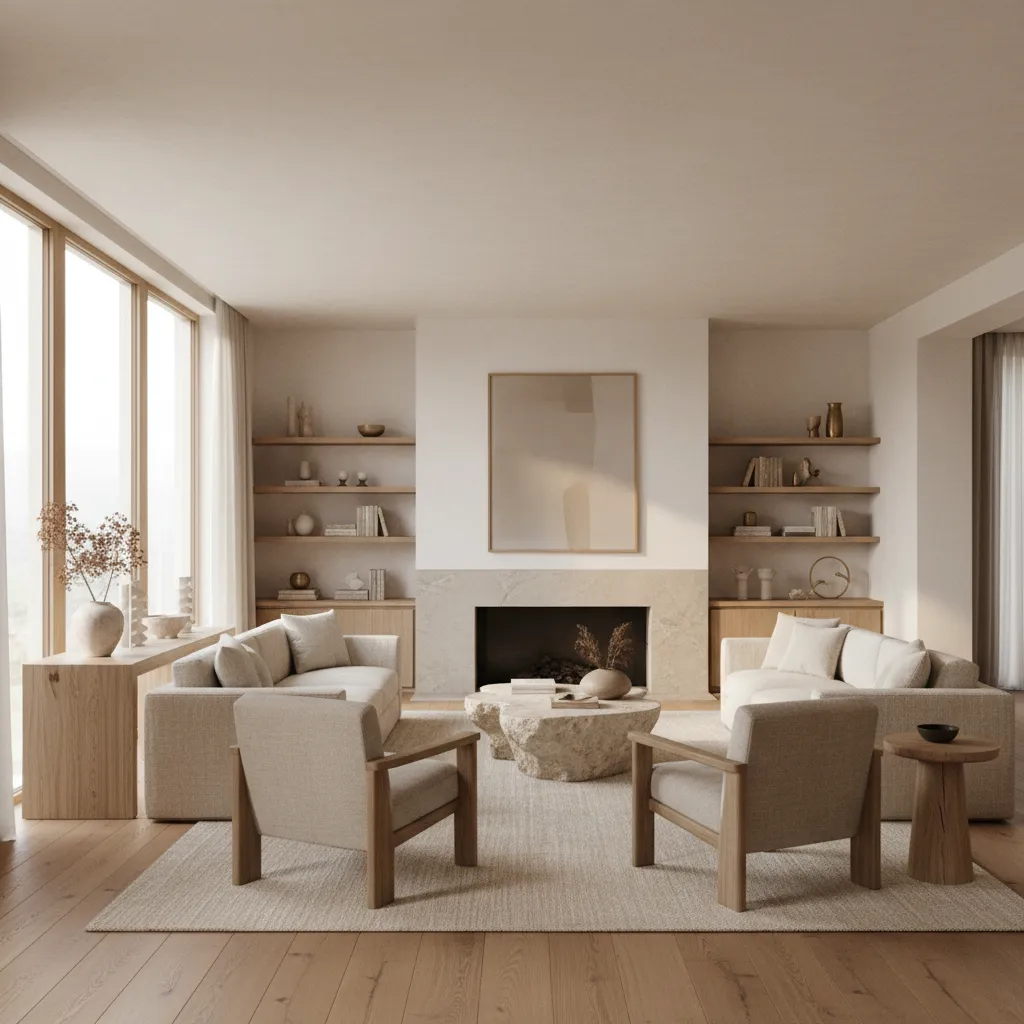 Large living room with two sofas two wooden chairs stone coffee table fireplace and shelves