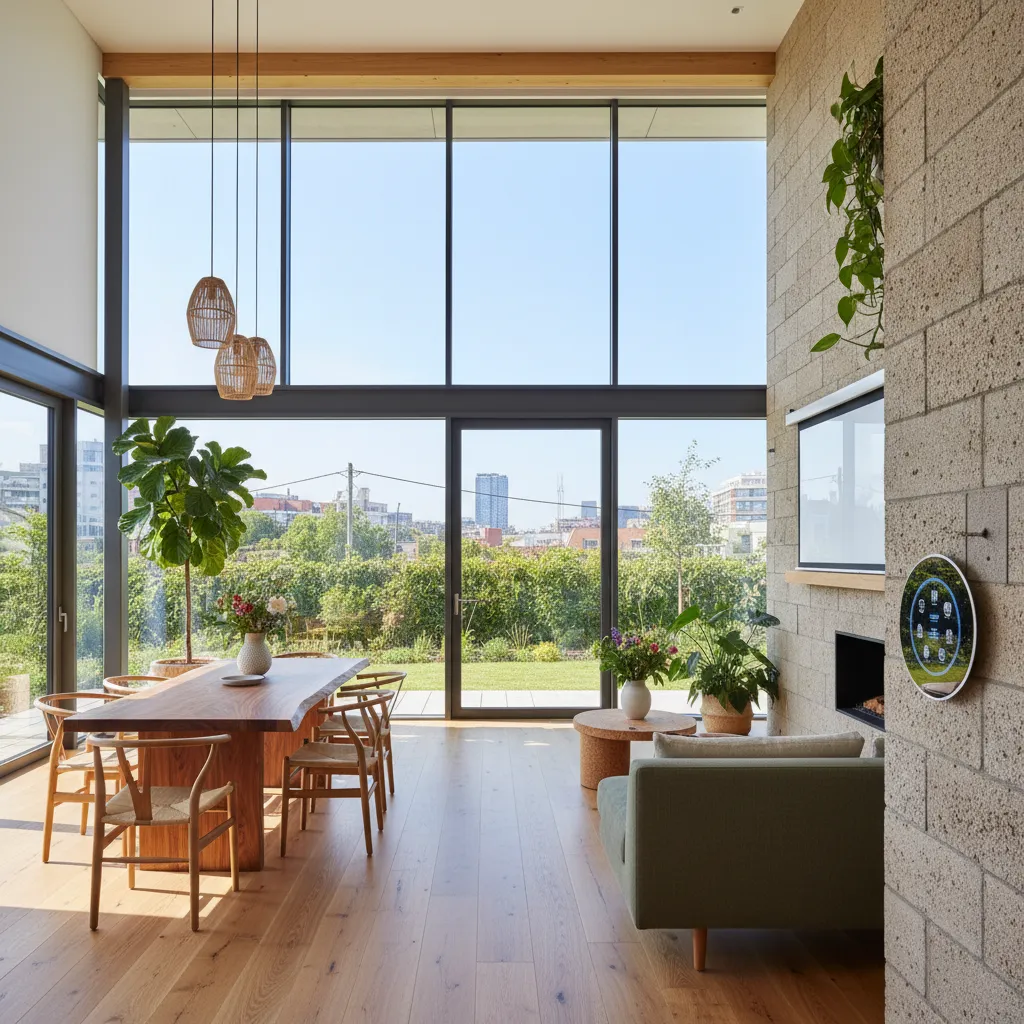 Modern open living room with wooden dining table green sofa brick wall and light fixtures