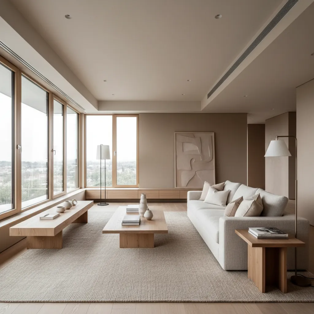 Minimalist living room with beige sofa low wooden tables floor lamp and large glass windows
