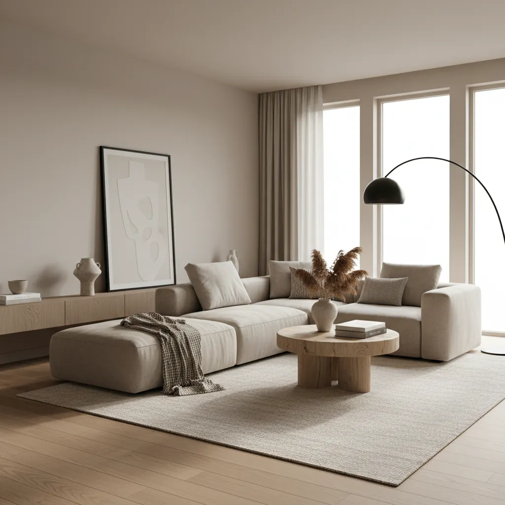 Salón contemporáneo con diseño minimalista y materiales naturales