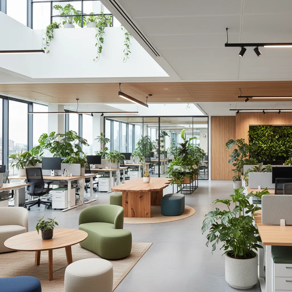 Bright modern office design with green plants, wooden tables, colorful chairs, and track light fixtures
