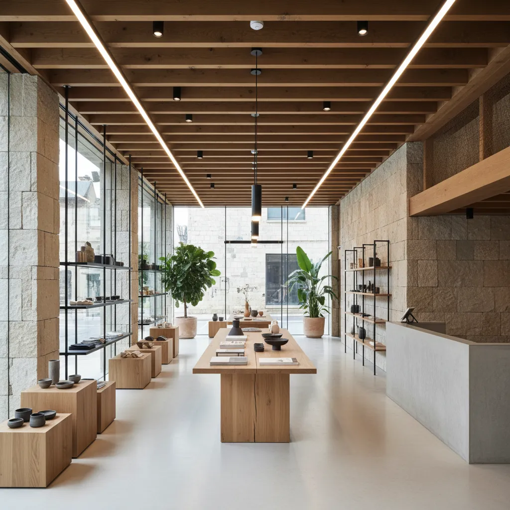 Minimalist store interior with stone walls, wooden ceiling beams, linear lights, and long wooden tables